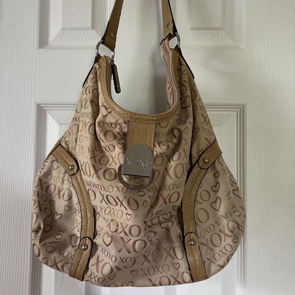 Vintage Y2K XOXO Monogram Heart Hobo Shoulder Bag Canvas Tan Brown Slouchy Purse